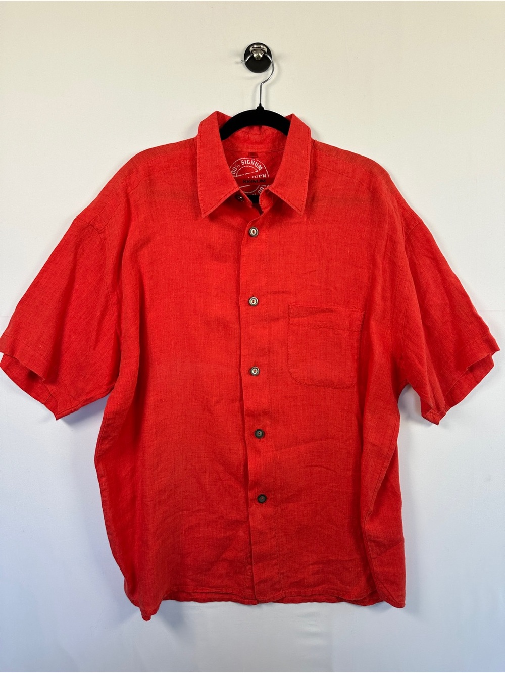 Signum 100% Linen Short Sleeve Button Up Shirt Coral Red Size L